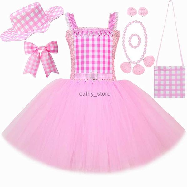 Vestidos de niñas Película de chicas Barbi Princess Tutu Tutu Vestido Traje Pink Plaid Barbi Cosco para niños Vestidos de cumpleaños de Halloween tulle tendedero231222