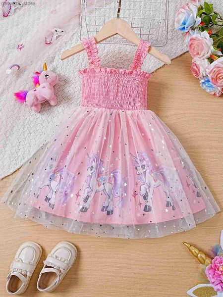 Vestidos de niña Girls New Summer Casual Sweet Sweet Princess Dress + Mesh Slip Vestido impreso con estampado Y240415