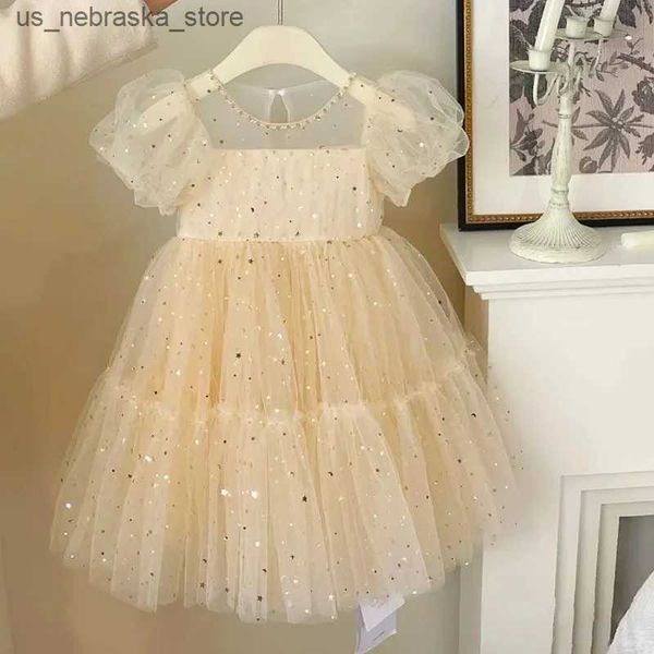 Vestidos de niña Vestido de fiesta para niñas Pittler Summer Beige Cute Sequin Chiffon Dress Children Tutu Vestido de 1 a 8 años Ropa de fiesta de cumpleaños para niños Q240418