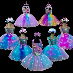 Robes pour filles Robes pastel pour filles avec lumières LED Fête d'anniversaire pour enfants Robe rougeoyante Enfants Costumes de sirène Bébé fille Arc-en-ciel Licorne Tutu 230801