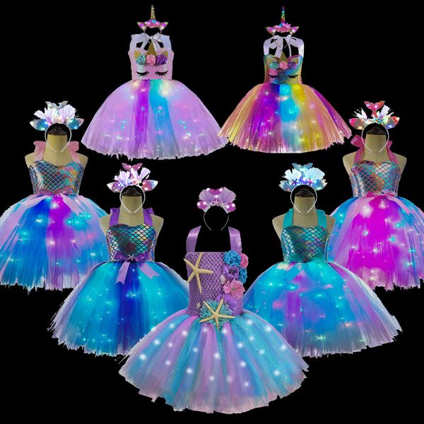 Vestidos de niña Vestidos en colores pastel para niñas con luces LED Fiesta de cumpleaños para niños Vestido brillante Disfraces de sirena para niños Bebé Niña Arco iris Unicornio Tutu 230712