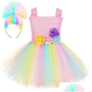 Vestidos de niña Niñas Pastel Trolls Disfraces Vestido de tutú de hada mágica con lazo para el cabello Niños Halloween Fantasía Niños Cosplay Tle Outfit Dr Dhvlq