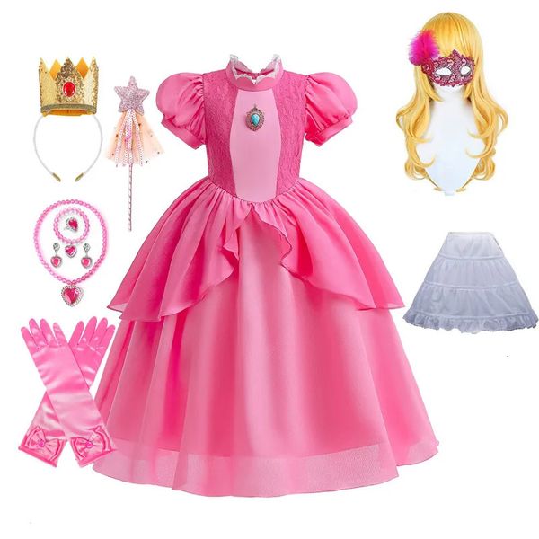 Robes de fille Filles Peach Princess Robe Jeu de rôle Cosplay Costume Fête d'anniversaire Stage Performace Tenues Enfants Carnaval Fantaisie Vêtements 231021