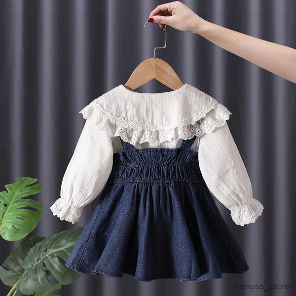 Robes de fille filles princesse 2pcs vêtements bébé filles chemises à manches longues + robe denim ovales costumes printemps sweet enfants