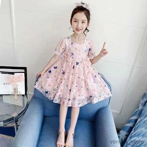 Girl's Jurken Girls Princess Dress zomer Nieuwe Koreaanse versie van Butterfly Lace Puffy Sleeve Mouw Dress Vestido Ropa de Nia