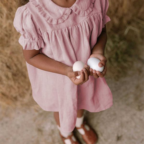 Robes de fille filles robe en lin à manches bouffantes été nouveaux volants pour enfants col Peter Pan décontracté lâche princesse rose TZ250