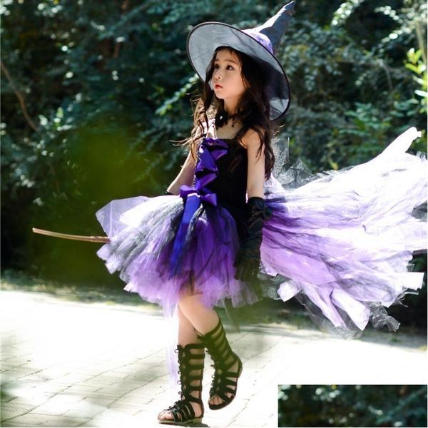 Robes De Fille Filles Violet Enfants Halloween Fée Fête Avec Chapeau Sorcière Noire Toddler Bébé Anniversaire Cosplay Costumes Enfants Robe Dr Dhm27