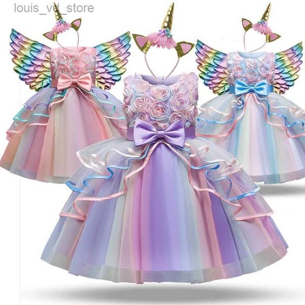 Vestidos de niñas Girls Rainbow Tulle Dresses Kids Clothing Tutu Tutu Cake Princess Party Prom Vestido Niños de verano ropa de noche T240415
