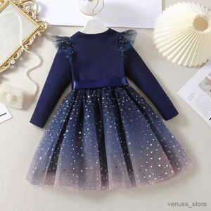 Robes de fille Girls Spring and Summer Mini Fly Sleeve Patchwork Gauze Robe Long Manche 2023 Automne Fashion Style Baby Party Princess Robe