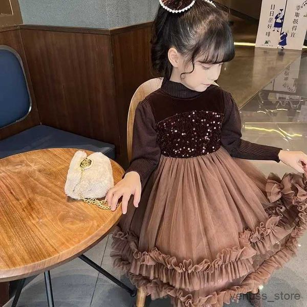 Vestidos da menina meninas primavera outono vestido 2023 moda princesa lantejoulas marrom colete vestido crianças tule fofo camisola vestidos crianças roupas