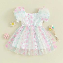 Girl's jurken meisjes zomer casual a-line jurk short mouw 3d vlinder versierde tule prinses jurk h240508