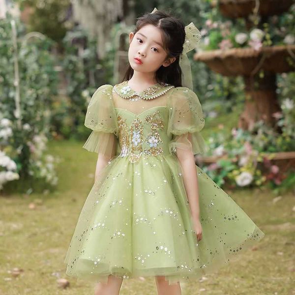 Robes de fille Robe d'été pour filles Nouvelle robe de princesse verte pour enfants Robe d'anniversaire pour enfants Performance d'hôte de piano haut de gamme