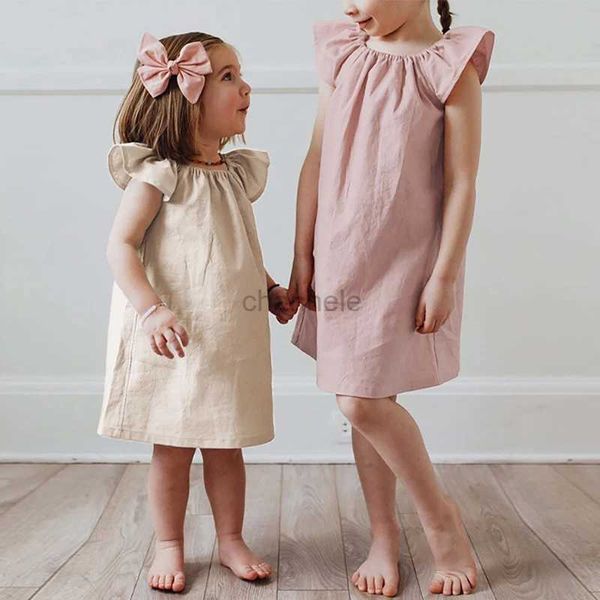 Robes de fille Robes d'été pour filles nouveau lin mélange de fibres de bambou couleur uniforme mignon petites manches volantes robes de princesse vêtements pour enfants 240315