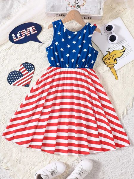 Robes de fille Girls Summer Nouveau produit American Independence Jour cinq Flag étoile pointu Robe de nœud rouge Stripe Stripe