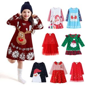 Meisjesjurken meisjes thema met lange mouw kerstboom afdrukken kanten jurk sneeuwpops outfit vestido santa claus breier winter 0913