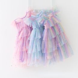 Robes de fille Filles Tulle Super Fairy Princess Fly Sleeve Rainbow Star Robe de gâteau à paillettes Enfants Mesh Puffy Birthday Party Vestidos 230609