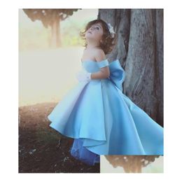 Vestidos de niña Niñas Flor de encaje azul vintage 2021 Satén alto bajo Fuera del nudo de lazo Shoder Vestido largo formal para niños Vestido de desfile Drop D Dhtge