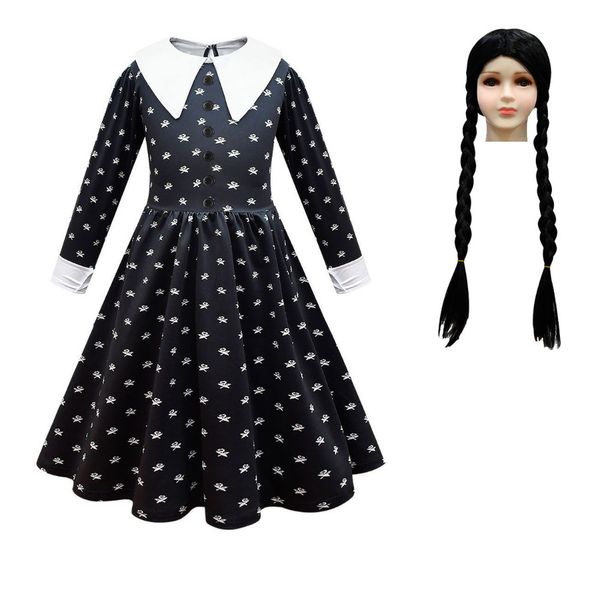 Vestidos de niña Niñas Wednesday Addams Family Cosplay Traje Vintage Gothic Outfits Ropa de Halloween Niños Morticia Vestido de impresión Peluca 230412
