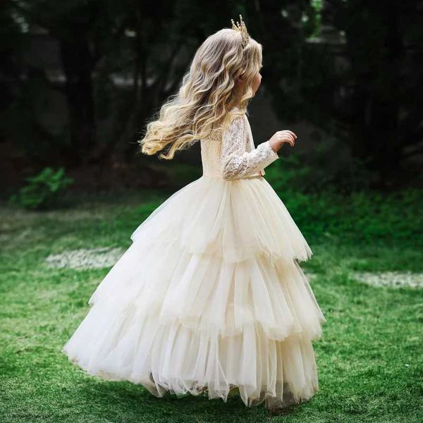 Robes de fille Filles Blanc Jaune Rose Dentelle Robe De Soirée Enfants Piano Performance Robe De Bal Enfants Princesse Mariage Fluffy Gâteau Gaze Robes