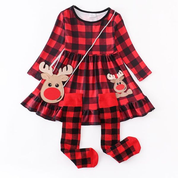 Vestidos de niña Girlymax Christmas Deer Baby Girls Dress Plaid Cotton Boutique Ropa Longitud de la rodilla Partido Collar Calcetín Monedero Arco y