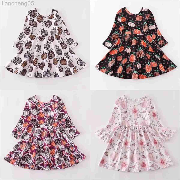 Vestidos de niña Girlymax Otoño Halloween Bebés Niñas Niños Ropa para niños Leche Seda Floral Granja Estampado de calabaza Vestido giratorio Hasta la rodilla Manga larga W0314