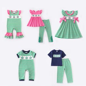 Vestidos de niña Girlymax St Patrick s Day Sibling Stripe Clover Baby Girls Dress Boys Pants Set Ruffles Romper Smocked Ropa para niños 230703