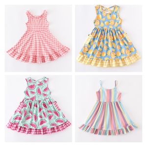 Vestidos de niña Girlymax Summer Baby Girls Color Stripe Plaid Lemon Sandía Floral Twirl Dress Boutique Ropa Hasta la rodilla Sin mangas 220908