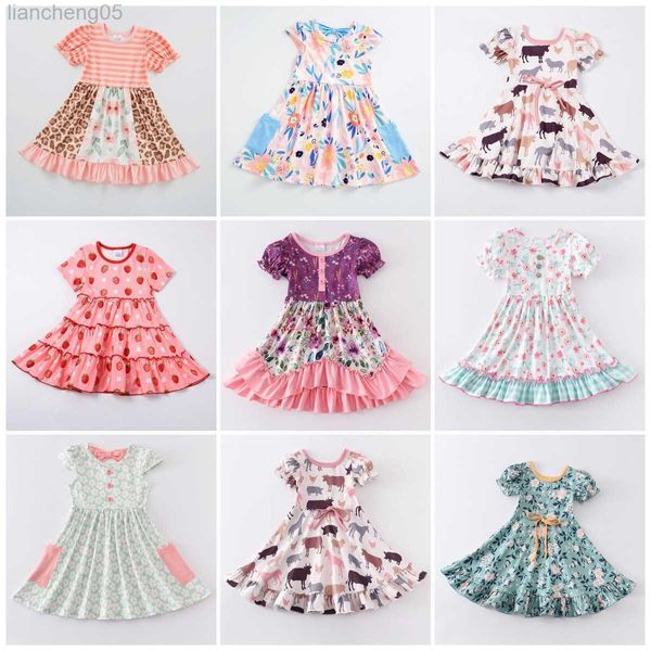 Robes pour filles Girlymax été bébé filles enfants vêtements pour enfants Floral Plaid robe en soie de lait Twirl longueur au genou vêtements pour enfants à manches courtes W0314