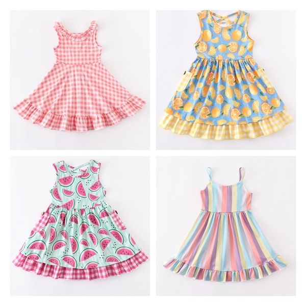 Vestidos de niña Girlymax Summer Baby Girls Color Stripe Plaid Lemon Sandía Floral Twirl Dress Boutique Ropa Hasta la rodilla Sin mangas 220908