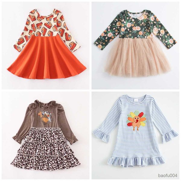 Vestidos de niña Girlymax Acción de gracias Bebé Niñas Ropa para niños Leche Estampado de seda Volantes Twirl Tutu Vestido Leopardo Pavo Hasta la rodilla Manga larga