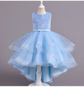 Meisjes Jurken Glitter Pailletten Hi-Lo Kinderen Bloemenmeisjes Jurken Verjaardag Tule Mouwloos Strik Starry Prinses Kinderen Bruiloft Formele Toga 230801