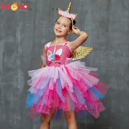 Vestidos de niña Glittery Unicorn Princess Pageant Flower Dress Disfraz de fiesta para niños con diadema y alas Halloween Cosplay Girl Dress 230609