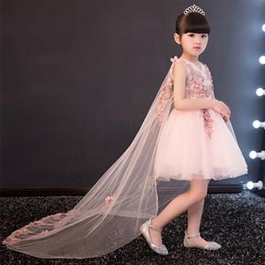 Girl's jurken Glizt Long Trailing Flower Girls For Wedding kralen Appliques Lace Girl Birthday Dress Pink Tule Pageant Party