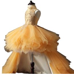 Robes de fille Glizt longue traînée dentelle d'or première robe de communion perles tulle robe de bal filles robe de reconstitution historique robe de fille de fleur pour les mariages