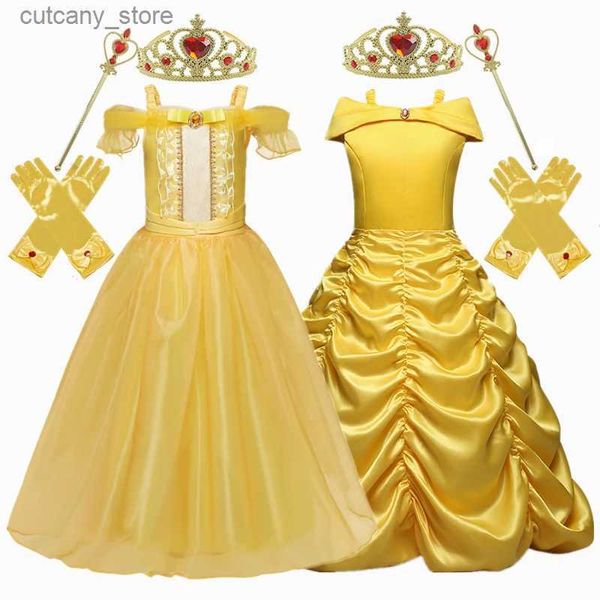 Robes de fille robe de princesse dorée cosplay robe cloche couronne magie bâton fête des enfants robe pour filles vêtements anniversaire robe de bal l240402