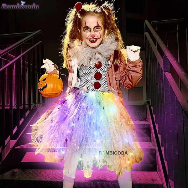 Vestidos de niña Payaso gris LED Light Up Tutu Vestido para niñas Carnaval Disfraz de Halloween Niños Chica Joker Cosplay Fiesta para niños Ropa de miedo 231109