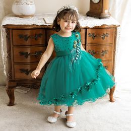 Robes de fille verte sans manches fleur filles cérémonie de mariage dentelle perles enfants robe de bal florale pour vêtements de soirée formellegirl's