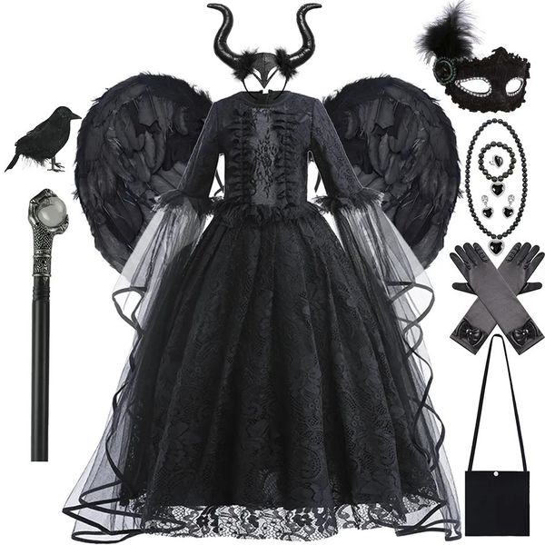 Robes de fille Halloween Robe de sorcière pour filles Black Evil Queen Cosplay Costume de luxe dentelle volants longueur de plancher tenues enfants carnaval robes 231019