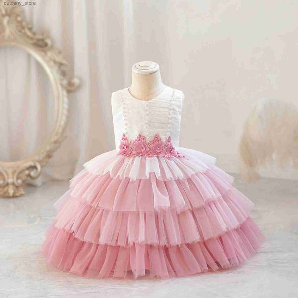 Vestidos de niña Hetiso Baby Girl Dress Beading Flower Capas 1 año Cumpleaños Vestido infantil Pink Tulle Ocasiones de verano Una pieza 6M-4T L240315