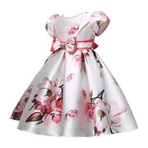 Robes de fille Hetiso Satin Cute Girls Birthday Floral Print Robes Flower Bow Vêtements pour enfants Casual Princess Party Clothes 3-10THKD230712