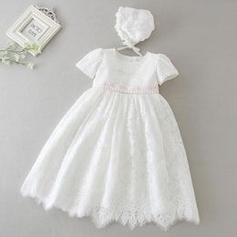 Girl's jurken Hetiso witte baby jurk voor doop babymeisjes kant met hoed Kinderkleding doop verjaardag outfits 3-24 maandgirl's