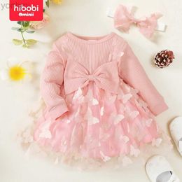 Robes de fille Hibobi Set 2 pièces Baby Girl Girl Robe papillon à la mode et élégante Neck Roule Robe à manches longues avec bandeau D240423