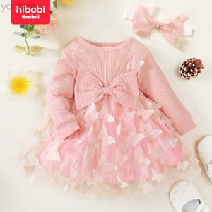 Girl's jurken Hibobi 2-delige set Set Set Baby Girl Butterfly Dress Modieuze en elegante ronde nek boog lange mouw jurk met hoofdband D240423