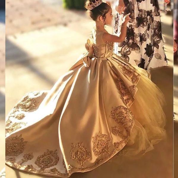 Vestidos de niña Primera comunión de alta calidad para niños Vestido de fiesta de noche Apliques dorados Arco Vestido de desfile para niñas Satén Tul Vestido de niña de las flores