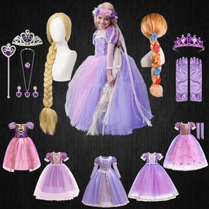 Girl's jurken Hoogwaardige Girl Rapunzel Wig Princess Jurk Halloween Child Sleeping Beauty Cosplay Sofia TuLle Tutu Ball Jurk Kids Clothing 230403