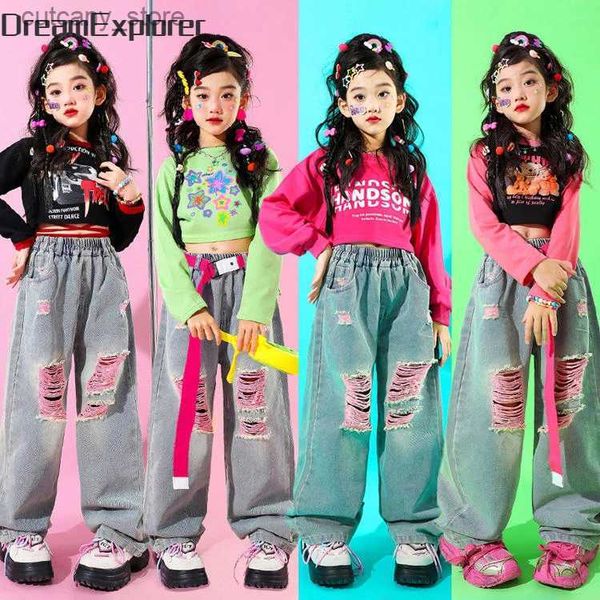 Robes de fille Hip Hop Girls Sweet Crop Top Street Dance Ho Pink Jeans Childshirt Sweetwear Street Ripped Pant Vêtements Enfants Kids Jazz Costume L240402