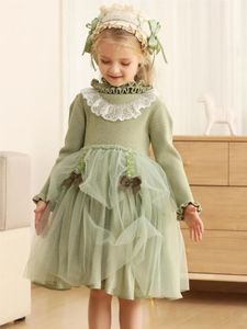 Robes de fille HoneyCherry Girls Lace Bow Robe Sweet Green Tricoté Princesse Flower Girl 231128