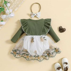 Robes de fille infantile bébé fille automne combinaison tenues à manches longues barboteuse robe broderie florale patchwork barboteuses bandeau 2pcs vêtements