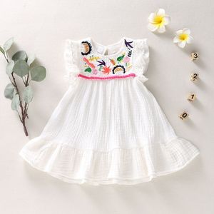 Girl's Dresses Infant Baby Girls Cotton Linen Dresses Pleated Short Sleeve Delicate Embroidery Swing White Dress Summer Leisure Dress 230421