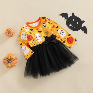 Robes de fille Infant Baby Girls Halloween Dress Cartoon Ghost Print Layered Mesh Tutu Round Neck Long Sleeve Party 0-3YearsGirl's